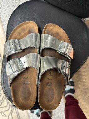 Metallic Silver Double-Buckle Slide Papillo Birkenstock MSRP $160
